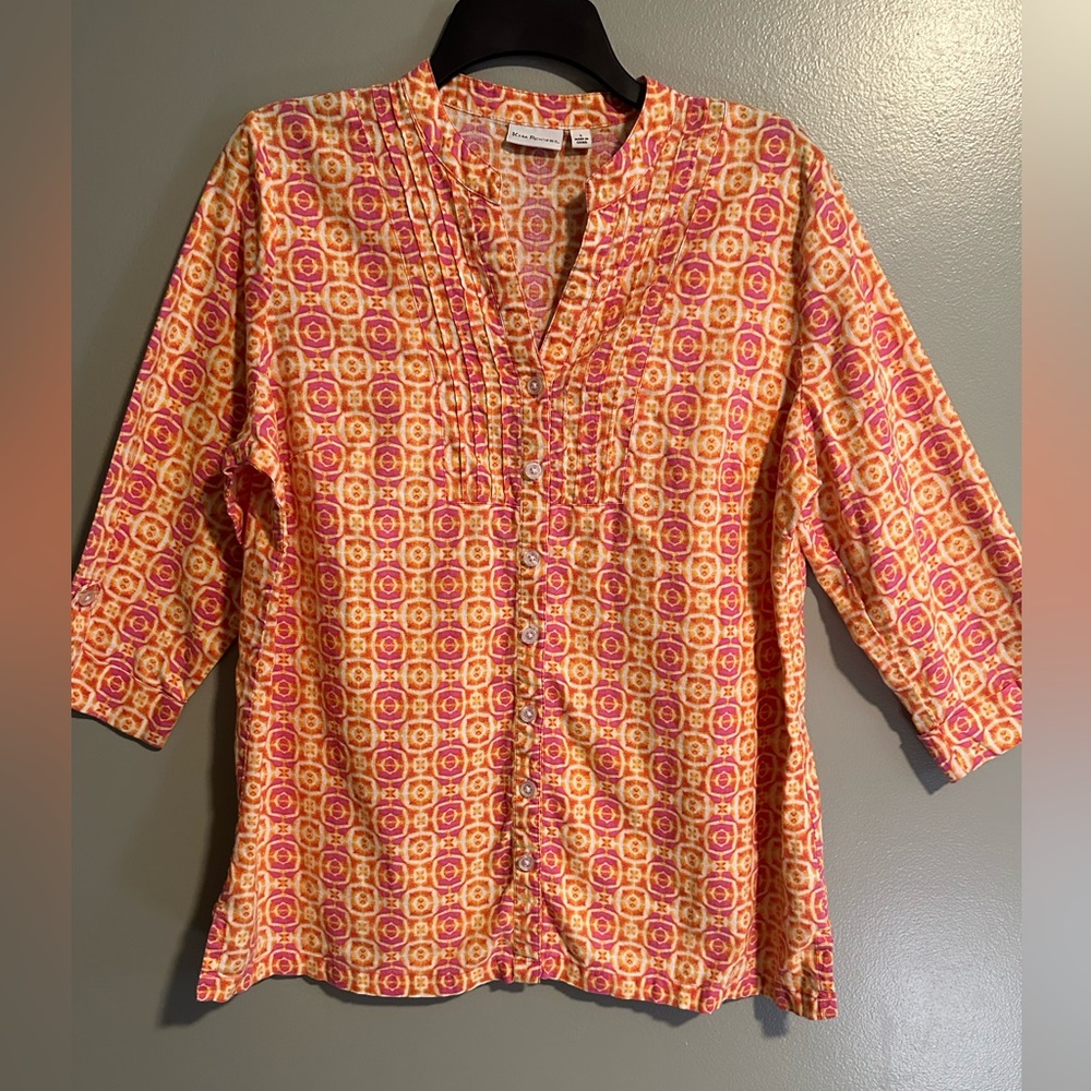Kim Rogers Pink and Orange Linen Blend Button Up Blouse 3/4 roll tab sleeve L